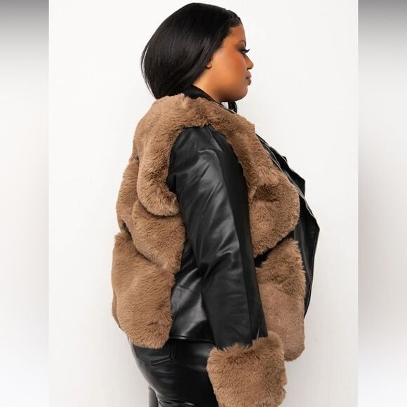 NWT Azalea Wang Faux Fur Leather Moto Jacket -Black & Brown - Size 1X - Picture 8 of 16
